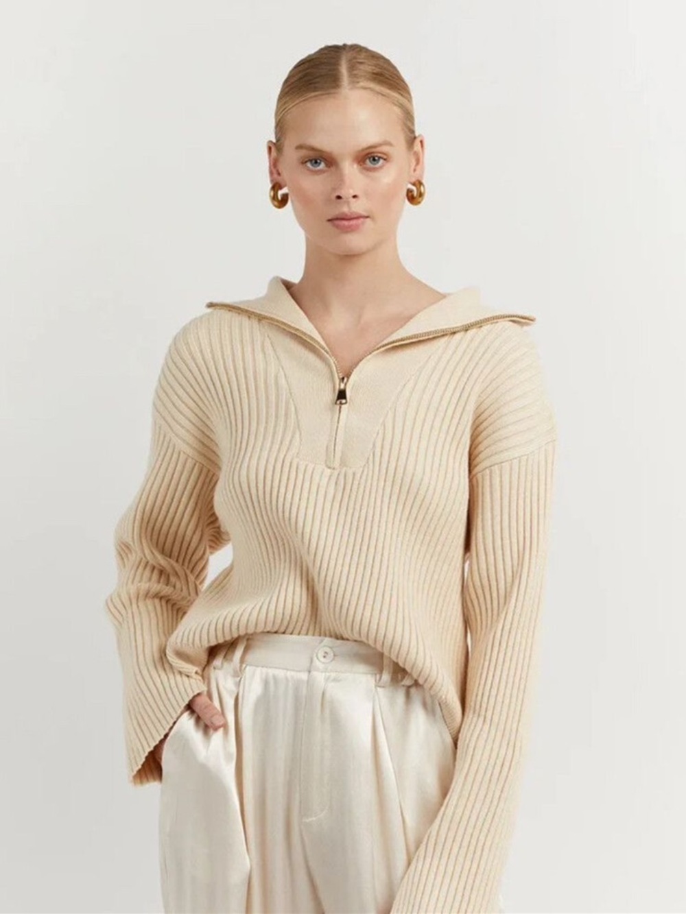 DISSH Ribbed Half-Zip Cowl Sweater - Butter